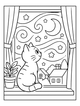 Free printable Cat Looking At Starry Night coloring page