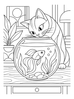Free printable Curious Cat And Fish Bowl coloring page