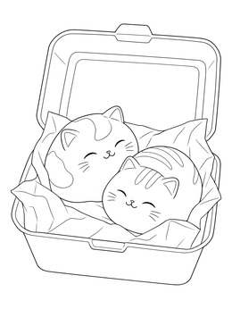 Two smiling cat-shaped sweets nestle inside a takeout container in this mochi coloring page.