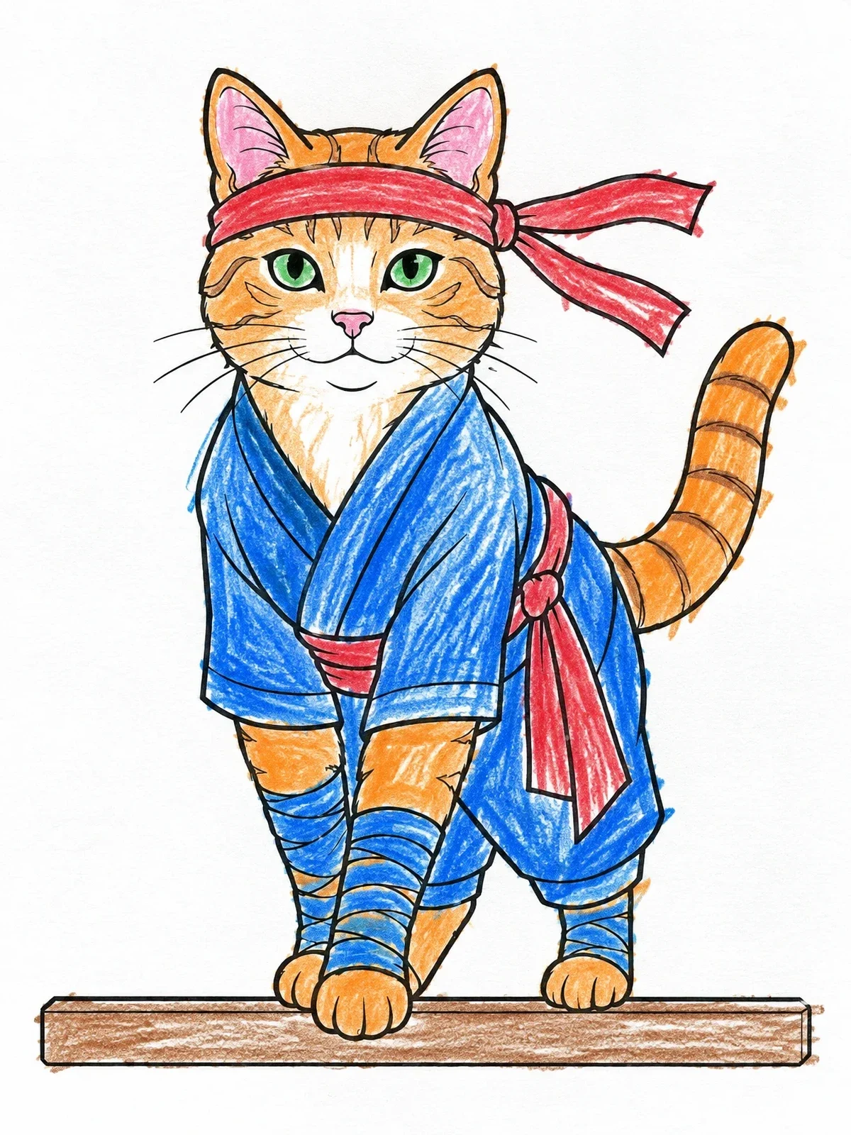 Colored example of the Cat Ninja Balancing On Ledge coloring page