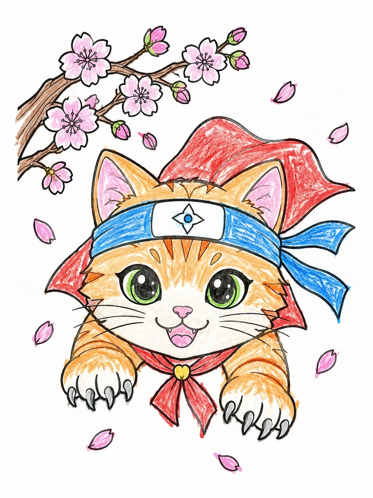 Colored example of the Ninja Kitten Under Cherry Blossoms coloring page