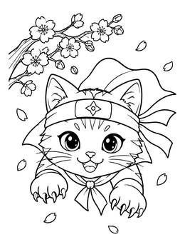 Free printable Ninja Kitten Under Cherry Blossoms coloring page