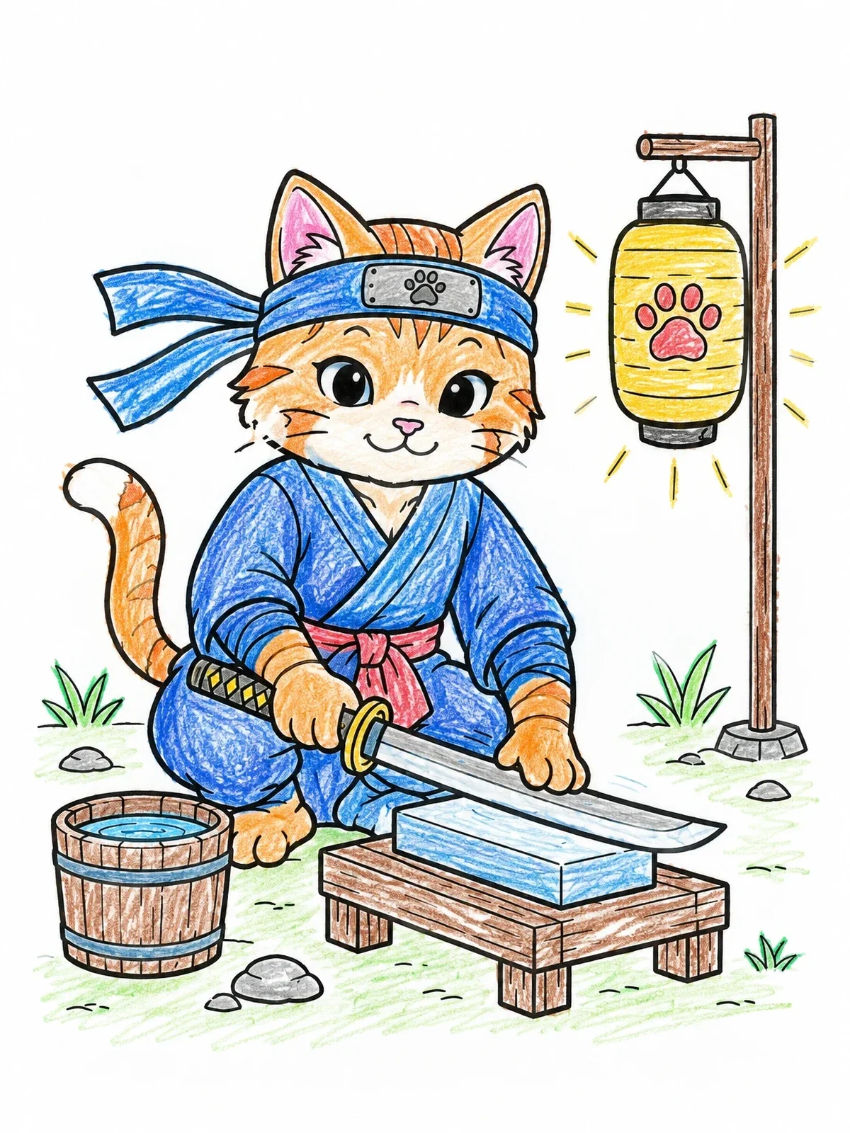 Colored example of the Cat Ninja Sharpening Katana Sword coloring page