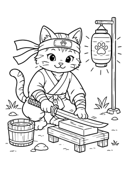 Free printable Cat Ninja Sharpening Katana Sword coloring page