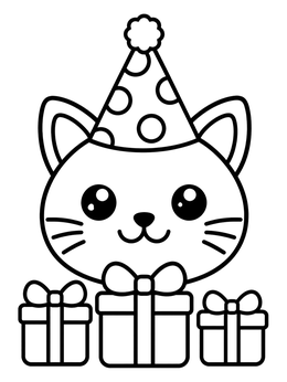 Free printable Party Kitten With Gift Boxes coloring page