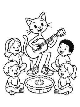 Free printable Cat Playing Guitar For Kids With Pie coloring page