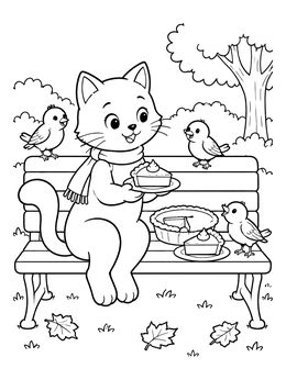 Free printable Cat Sharing Pie On A Park Bench coloring page