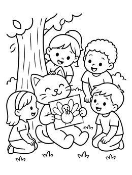 A friendly cat thanksgiving coloring page with children gathered under a tree around a turkey drawing.
