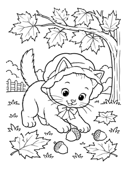 A cute kitten in a bonnet outdoors on this cat thanksgiving coloring page.