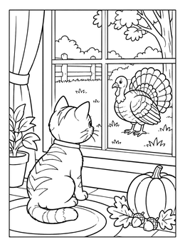 Free printable Kitten Watching Turkey Through Window coloring page