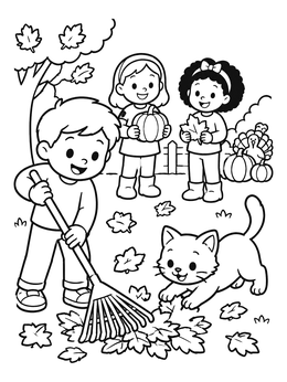 Kids raking leaves with a kitten in this cat thanksgiving coloring page.