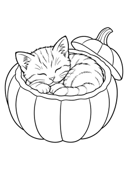 A cozy cat thanksgiving coloring page featuring a kitten asleep inside a carved pumpkin.
