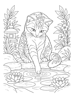 Cat Touching Garden Pond Water coloring page