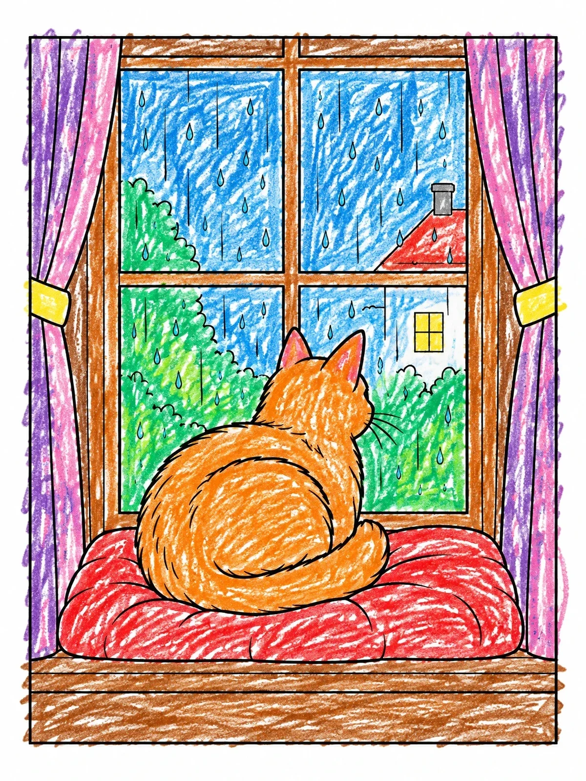 Colored example of the Cat Watching Rain From Window Sill coloring page