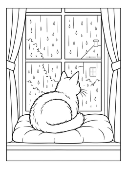 A fluffy cat sits on a cushion in this cozy window coloring page with falling rain outside.