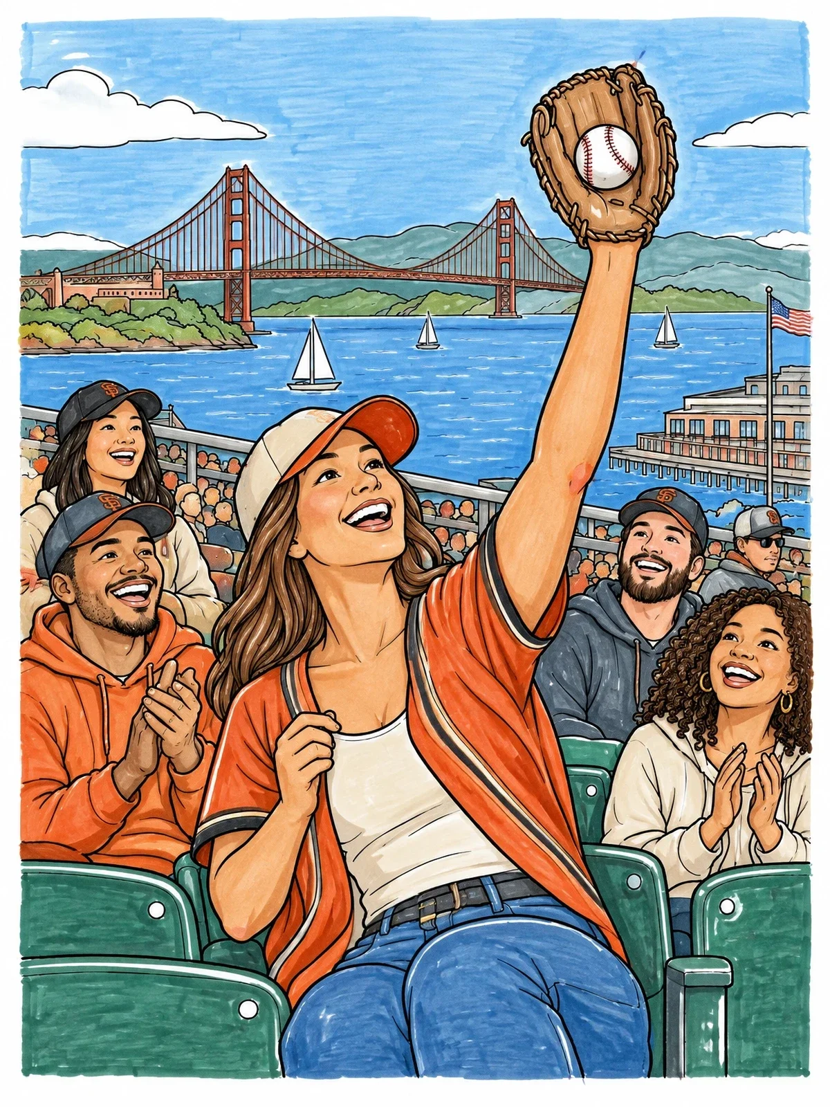 Colored example of the Catching A Baseball At The Bay coloring page