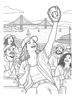 A happy fan catching a baseball in this san francisco coloring page featuring the bay and bridge.