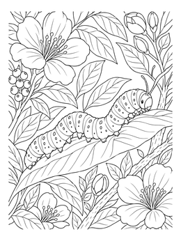 Detailed caterpillar coloring page featuring lush leaves, berries, and cherry blossoms.
