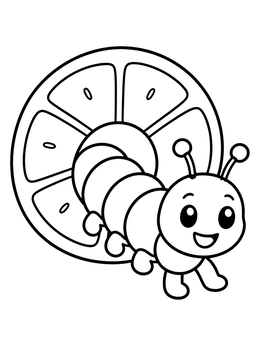 A happy caterpillar coloring page showing it crawling through an orange slice.