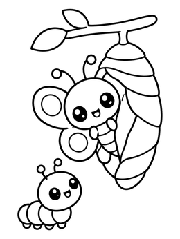 A happy butterfly emerges from its chrysalis on this caterpillar coloring page.