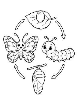 Educational caterpillar coloring page showing the life cycle with egg, caterpillar, chrysalis, and butterfly.