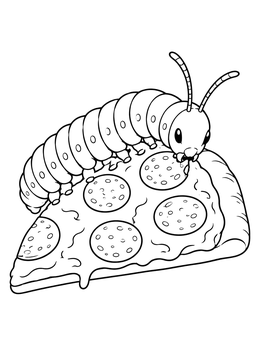 A cute caterpillar coloring page showing it nibbling on a pepperoni pizza slice.