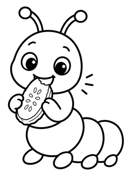 A cheerful cartoon caterpillar coloring page munching on a cucumber pickle slice.