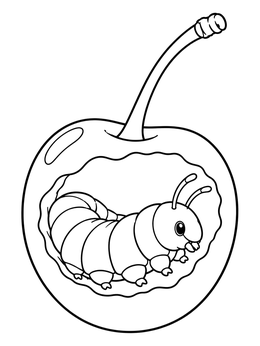 A sweet caterpillar coloring page featuring a plump bug resting inside a hollow cherry.