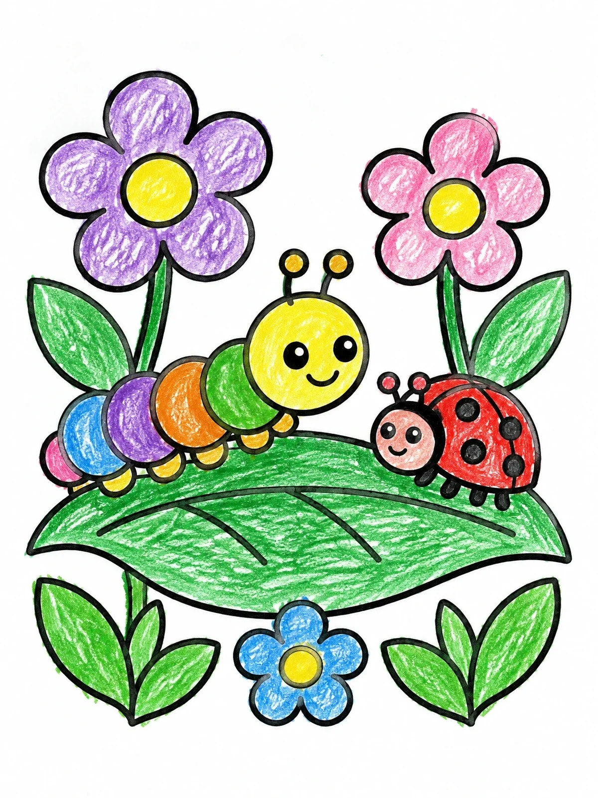 Colored example of the Caterpillar And Ladybug On A Leaf coloring page