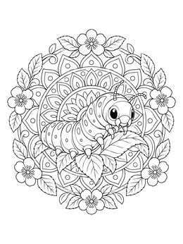 Detailed larva coloring page showing a cute caterpillar on leaves inside a floral mandala.