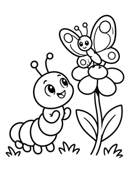 A cheerful caterpillar coloring page featuring a small caterpillar looking up at a butterfly on a flower.