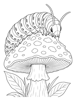 A detailed caterpillar sits atop a mushroom coloring page while eating its cap.