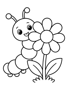 Free printable Cute Caterpillar Peeking Behind Flower coloring page