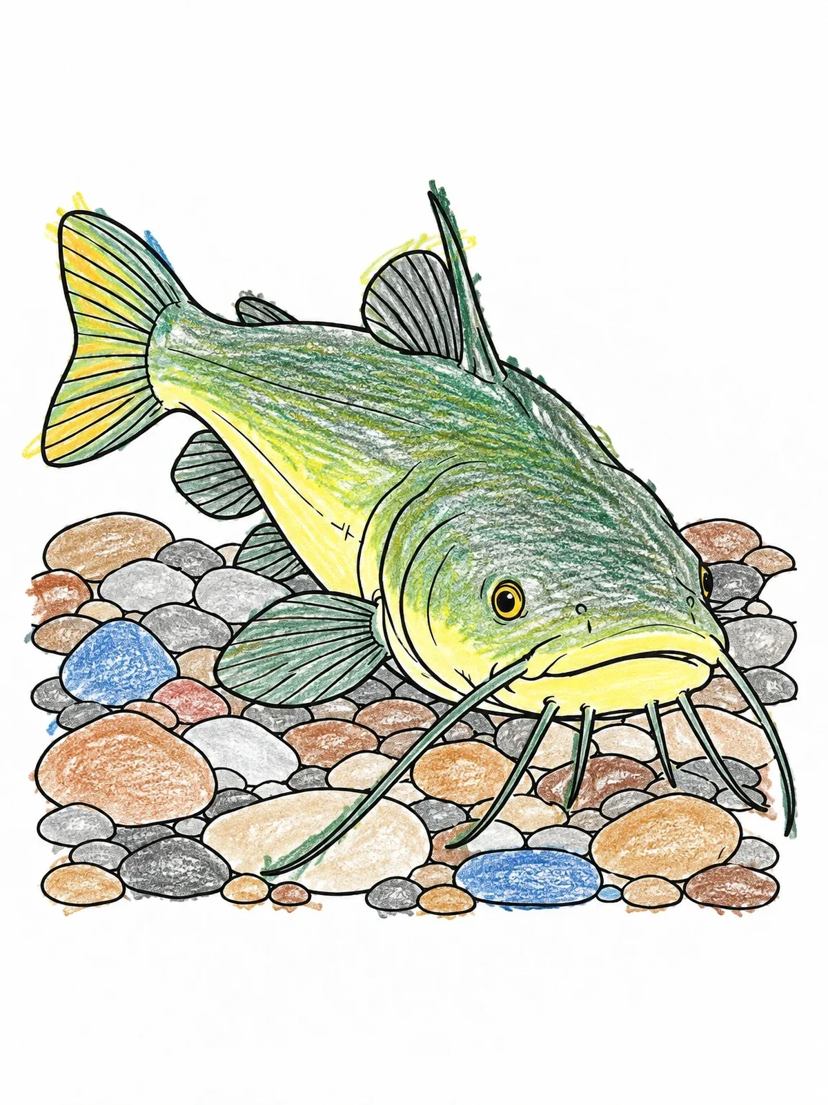 Colored example of the Catfish Resting On Riverbed Stones coloring page