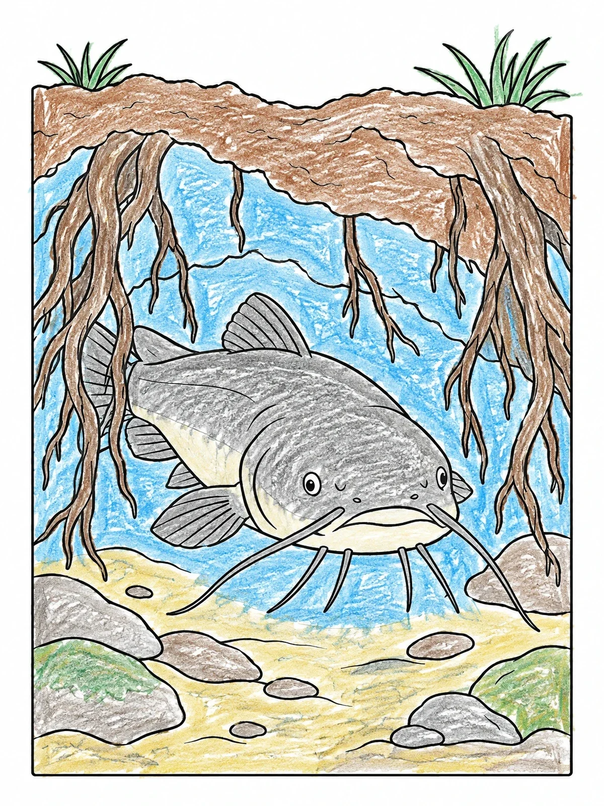 Colored example of the Catfish Resting Under River Roots coloring page