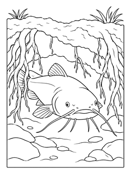 A detailed catfish coloring page showing the fish sheltered beneath hanging tree roots.