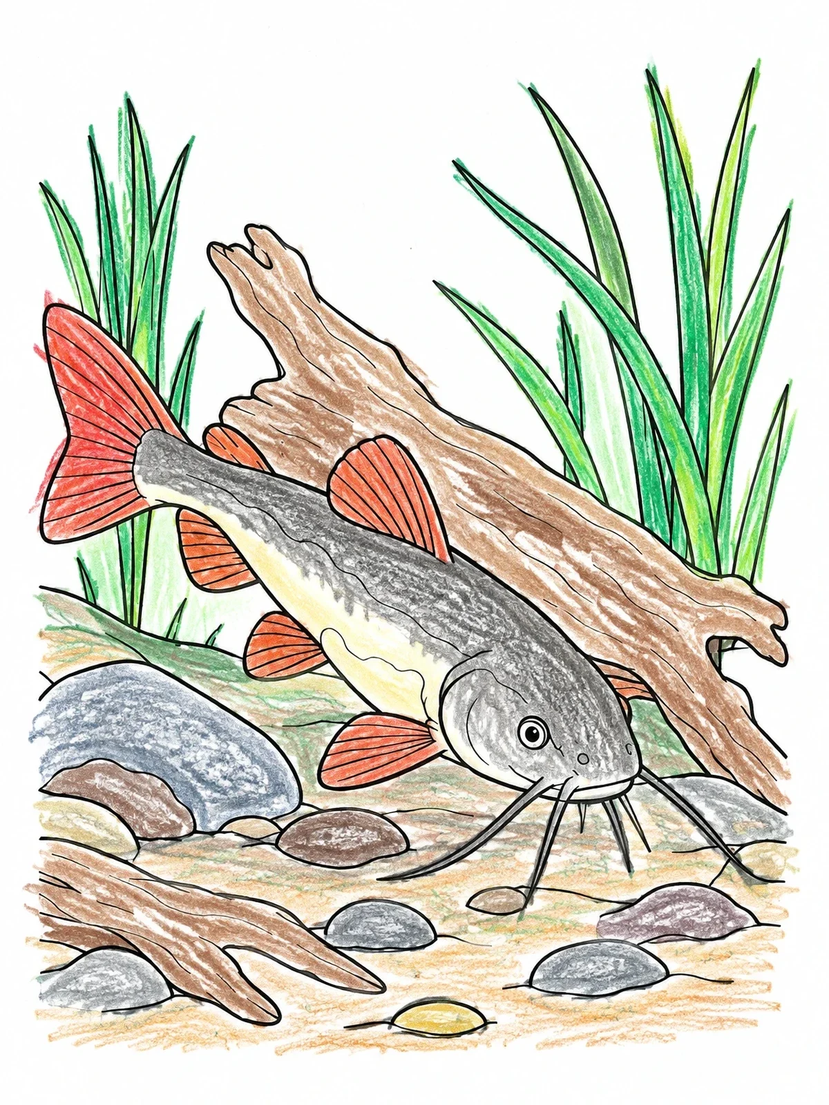 Colored example of the Catfish Swimming Near River Driftwood coloring page