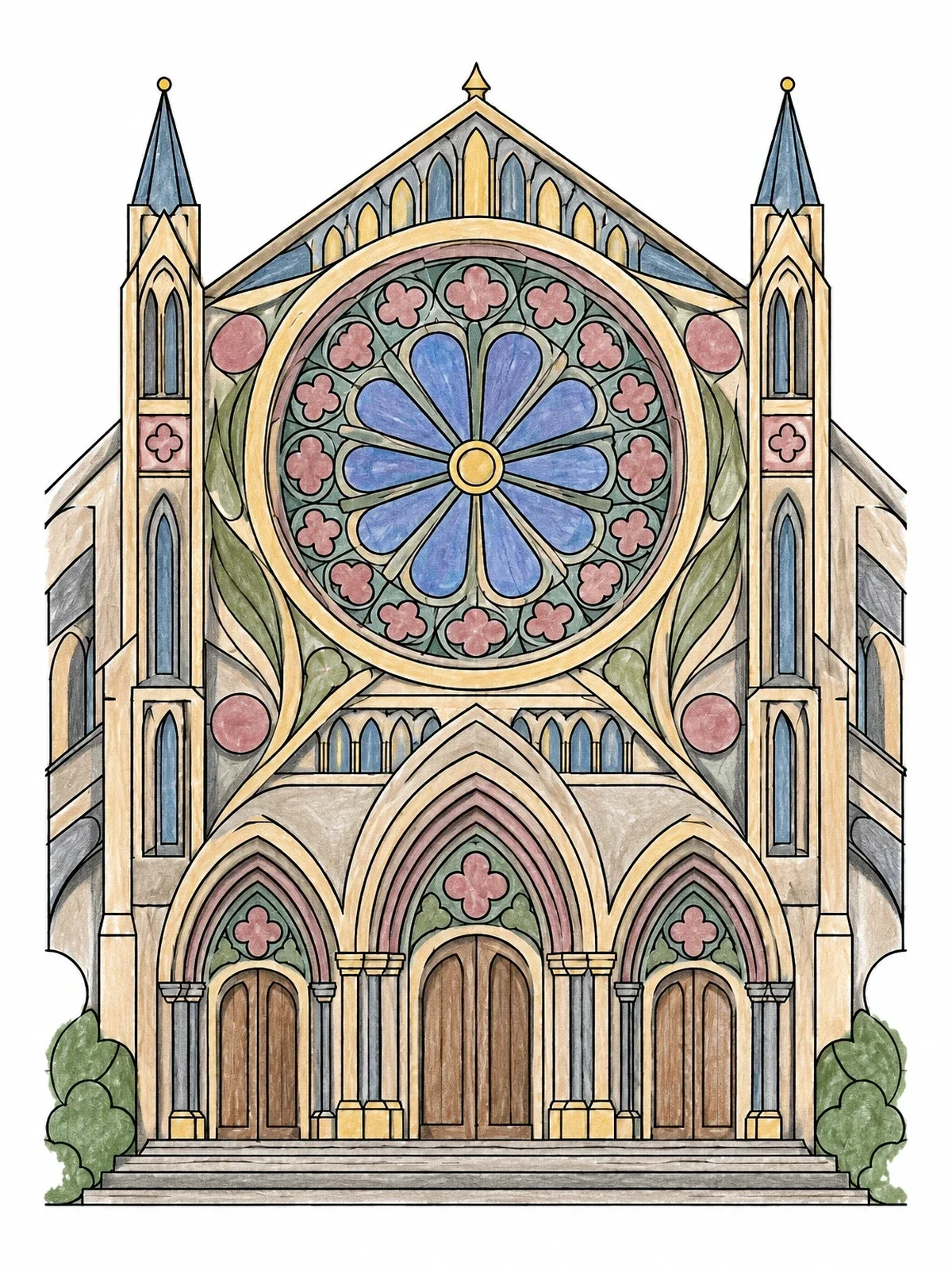 Colored example of the Cathedral Facade With Rose Window coloring page