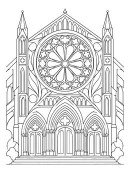 A gothic cathedral facade with arched portals on this detailed rose window coloring page.