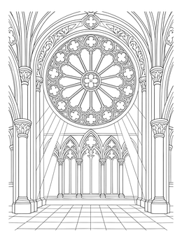 Gothic cathedral interior in this detailed rose window coloring page.