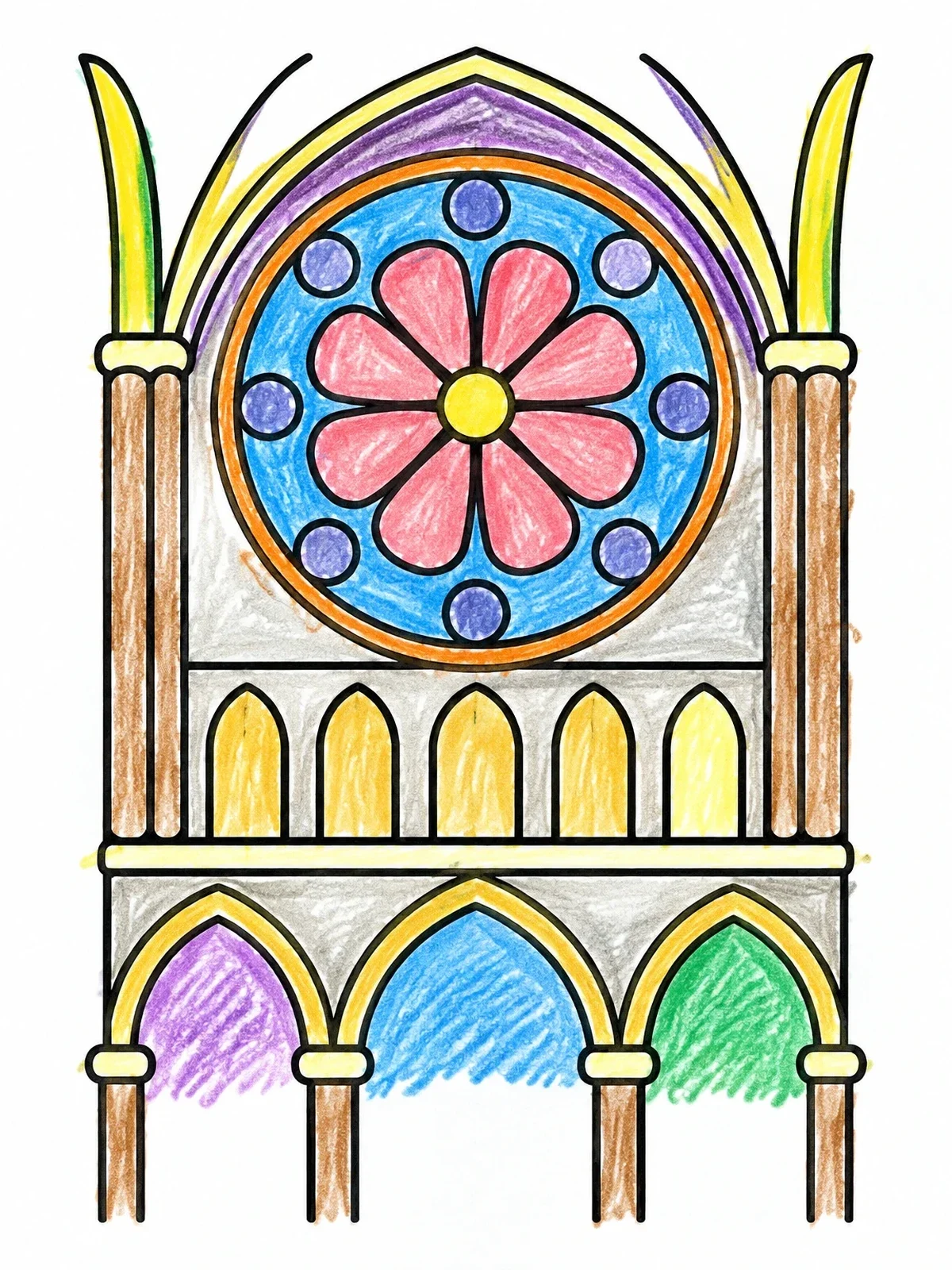 Colored example of the Cathedral Wall With Rose Window coloring page