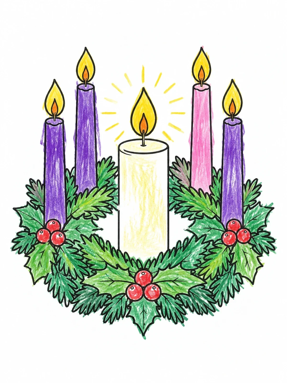 Colored example of the Traditional Advent Wreath With Candles coloring page