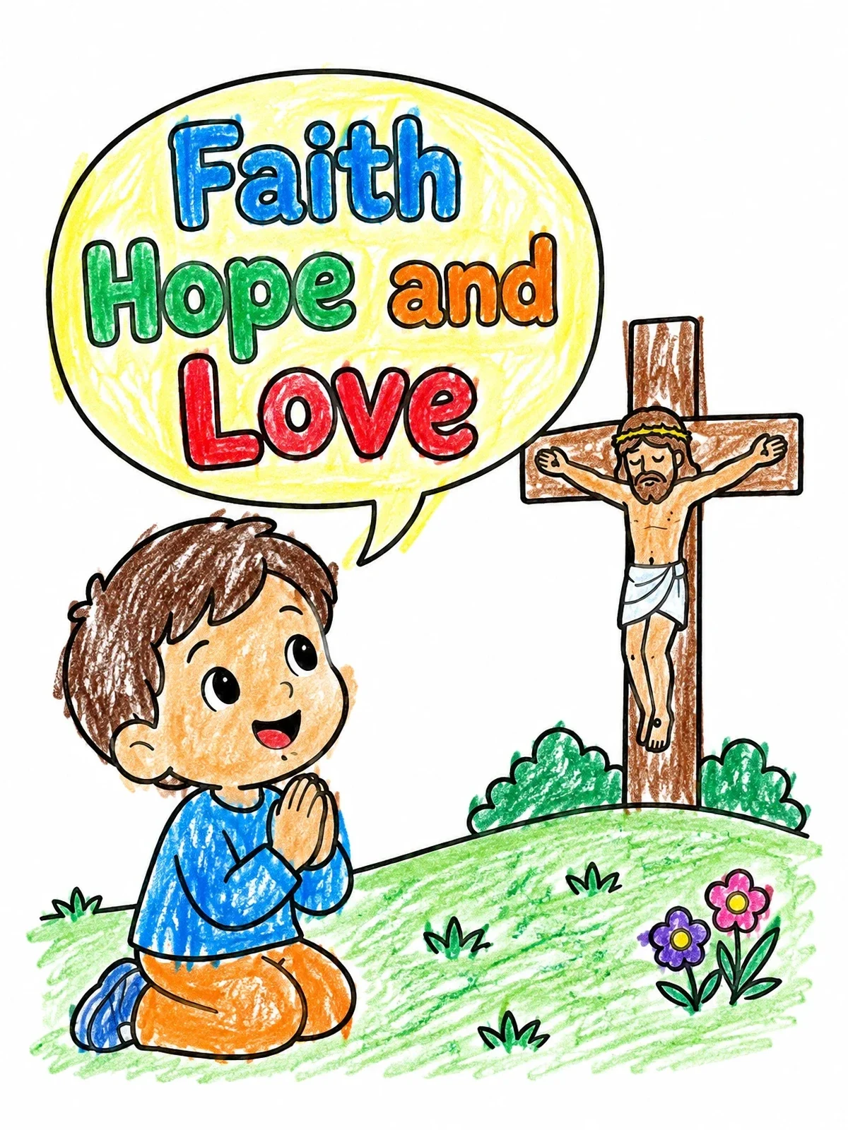 Colored example of the Boy Praying Before The Cross coloring page
