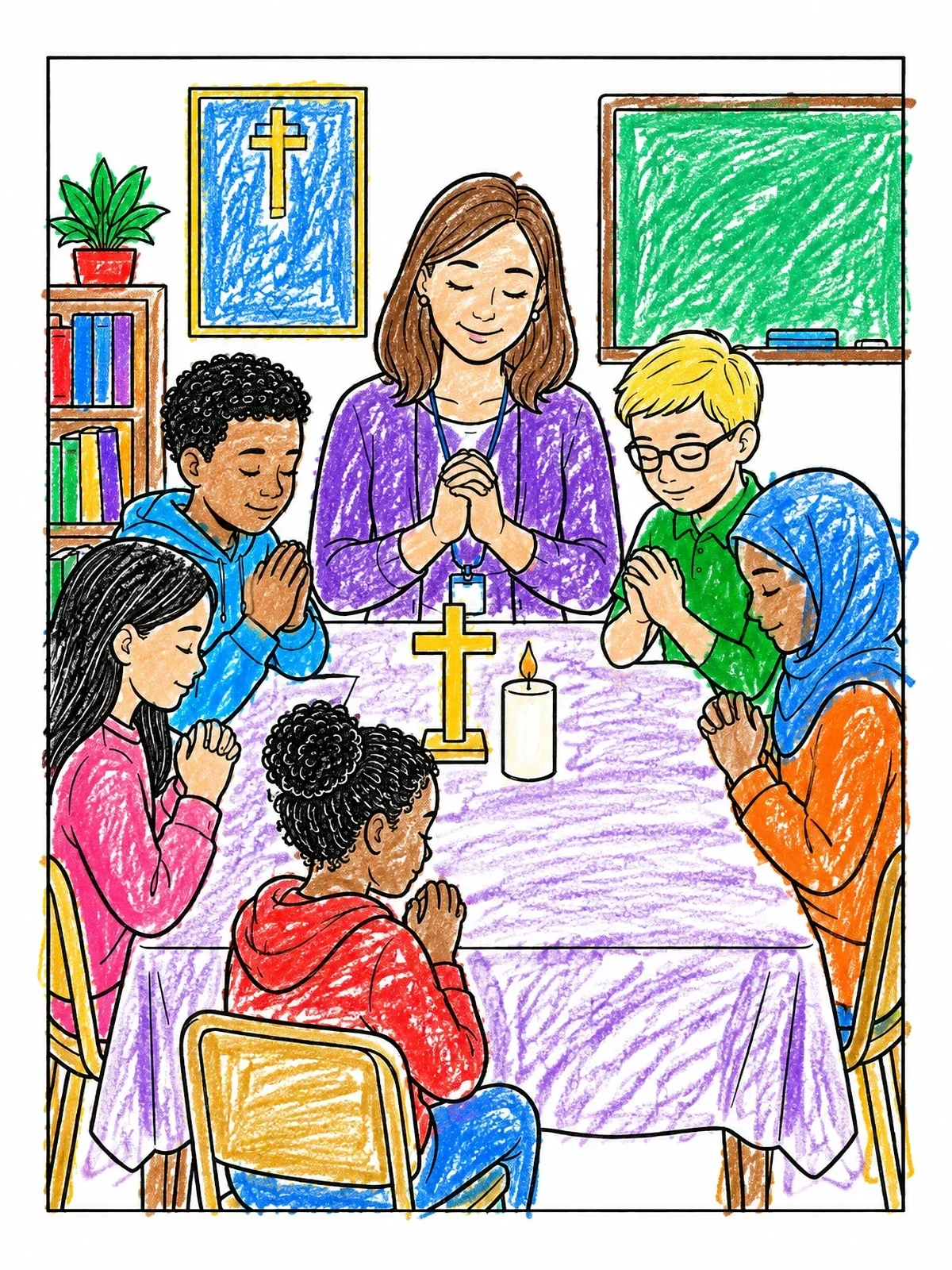 Colored example of the Classroom Prayer Around The Table coloring page
