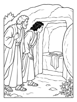 Peter and John looking into the tomb on this catholic easter coloring page.
