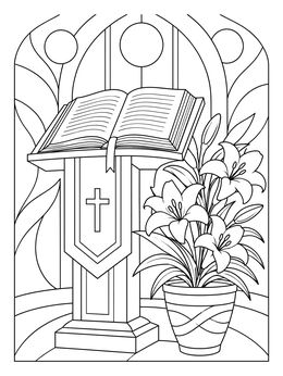 An open Bible on a lectern beside Easter lilies in this catholic easter coloring page.