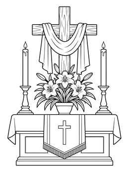 A serene catholic easter coloring page showing an altar with candles, lilies, and a draped cross.