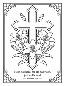 Free printable Easter Cross With Blooming Lilies coloring page