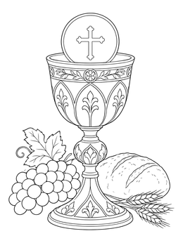 An ornate chalice, host, grapes, and loaf on this Catholic Easter coloring page.