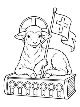 A gentle Lamb of God rests atop the Book of Seven Seals in this catholic easter coloring page.
